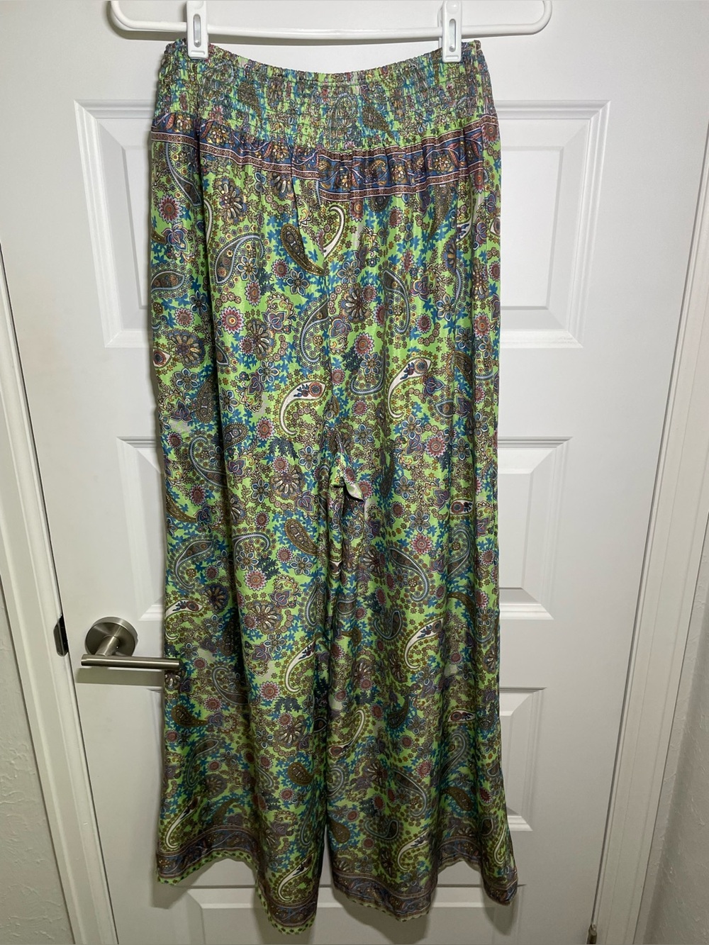 Women’s Silk Blend Wide-Leg Paisley Pants BoHo Floral Palazzo Resort Green Blue
